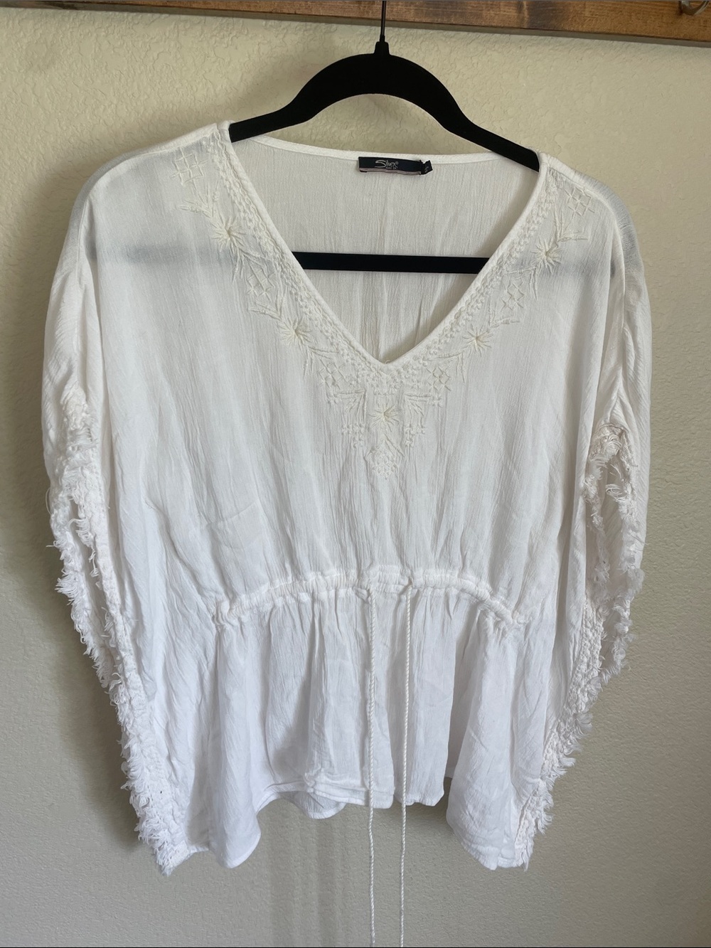 Silver Jeans White Boho Embroidered V-Neck Top S Relaxed Boxy Drawstring Waist